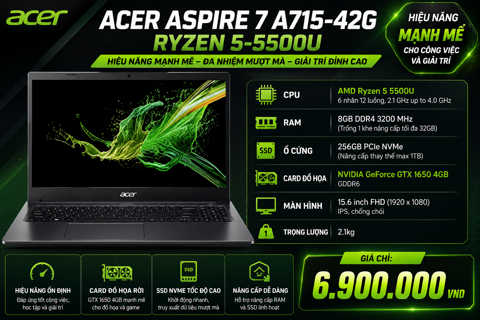 Laptop Acer A715-42G Ryzen 5-5500u