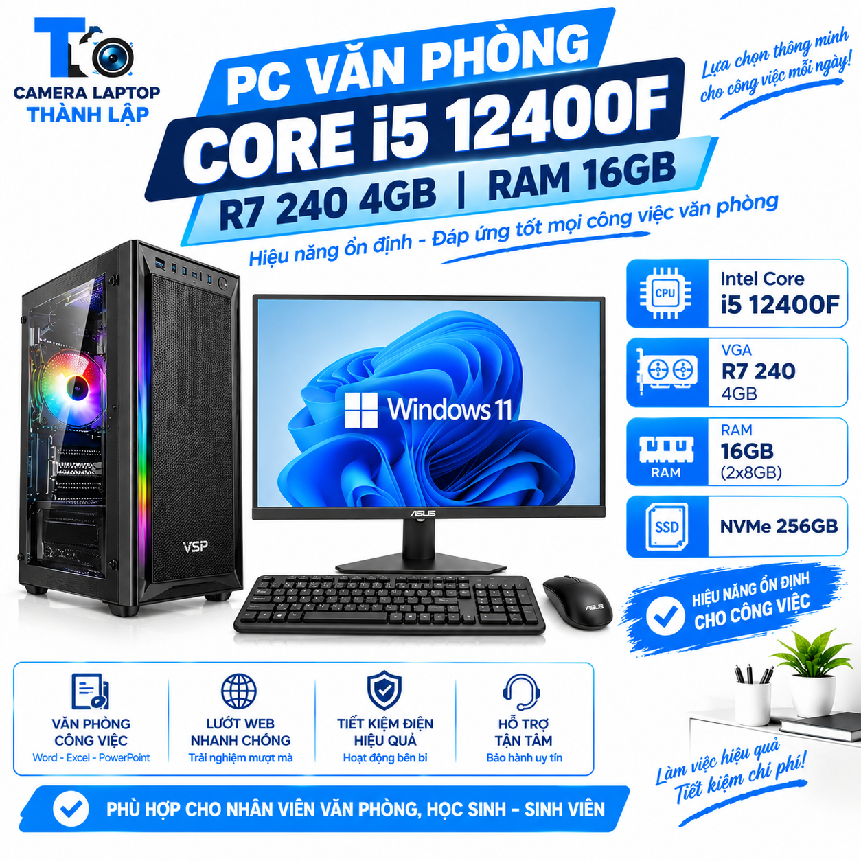 PC Văn Phòng Core i5 12400F R7 240 4GB RAM 16GB PC Van Phong Core i5 12400F R7 240 4GB RAM 16GB